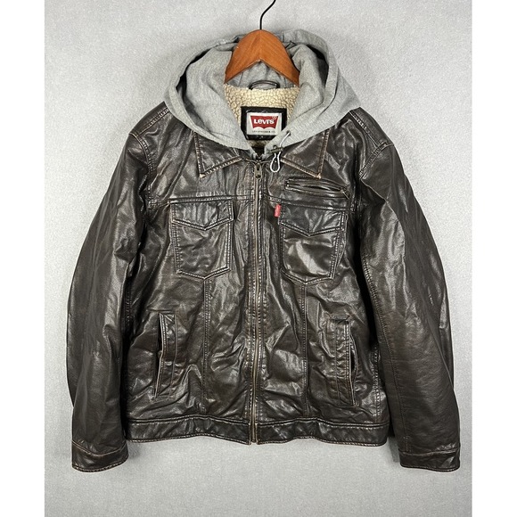 Levi's DARK BROWN Men's Faux Leather Hooded Lining Trucker Jacket‎ XL - Picture 1 of 10
